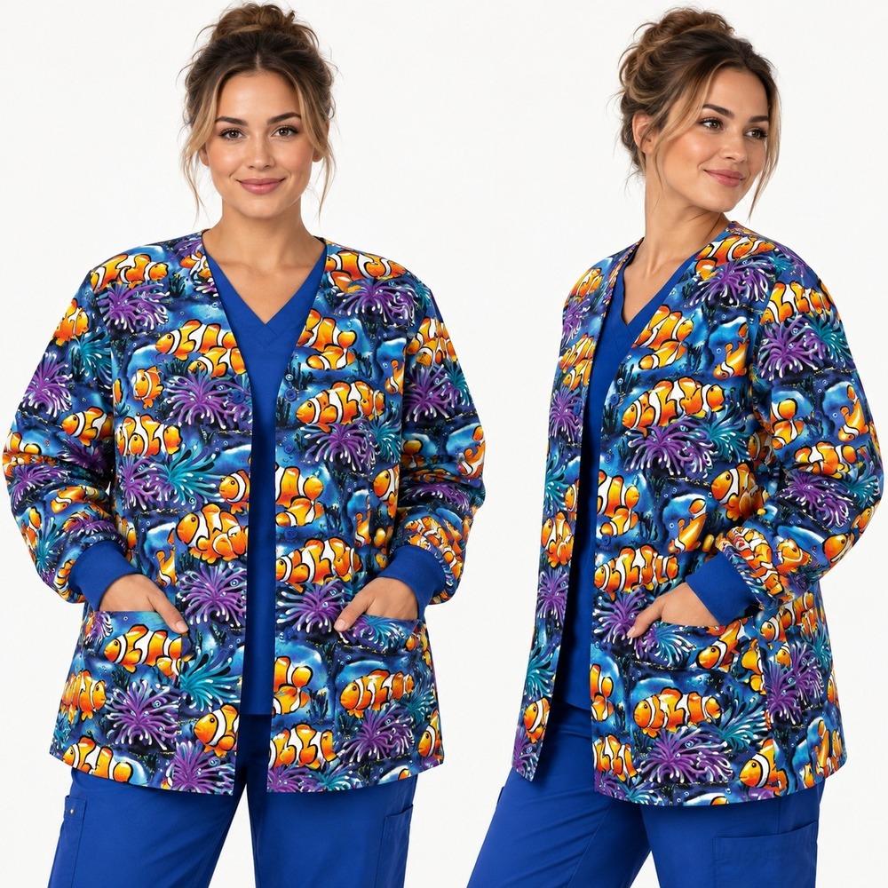 S.C.R.U.B.S. Clownfish Coral Reef Print Scrub Jacket XL Blue Cotton Warm Up